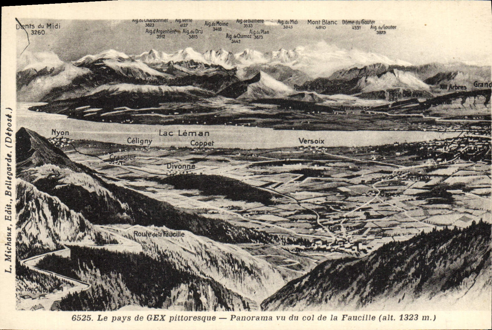 Le pays de GEX pittoresque — Panorama vu du col de la Faucille (alt. 1323 m.) — L. Michaux, Édit. Bellegarde, n° 6525