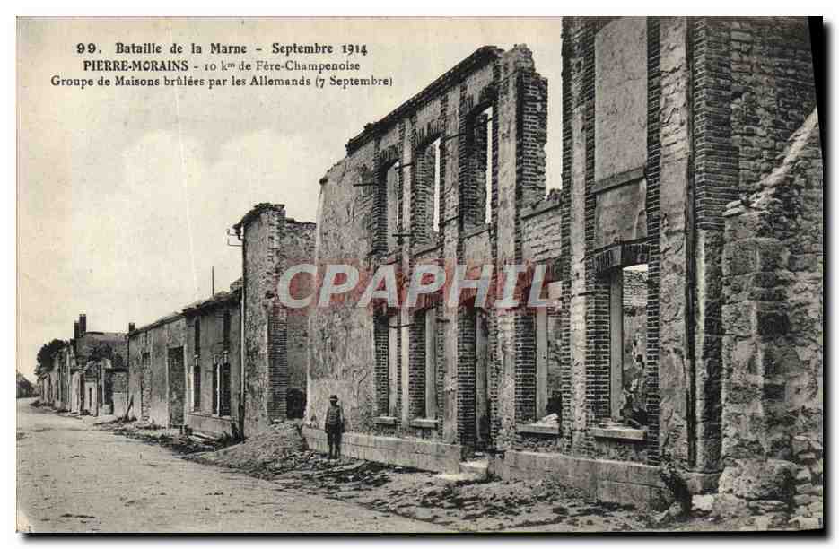 Pierre-Morains — Maisons brûlées par les Allemands — Imprimerie Photocinématographique L. Xenard, Fontainebleau