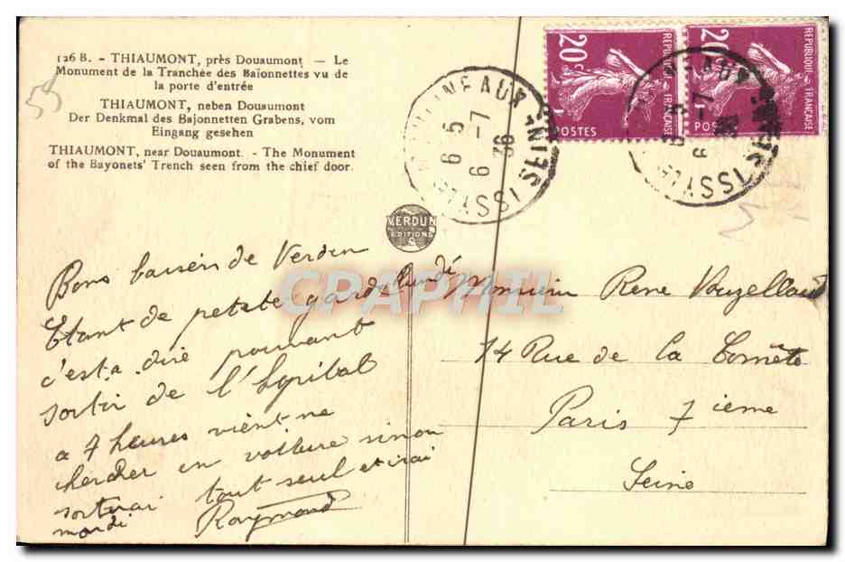 Monument de la Tranchée des Baïonnettes — Thiaumont près Douraumont — Édition Nerdun — Reverso