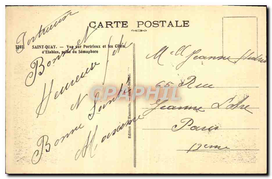 Saint-Quay — Vue sur Portrieux et les Côtes d'Etables, près du Sémaphore — Édition Hamonic, n° 7207 — Reverso