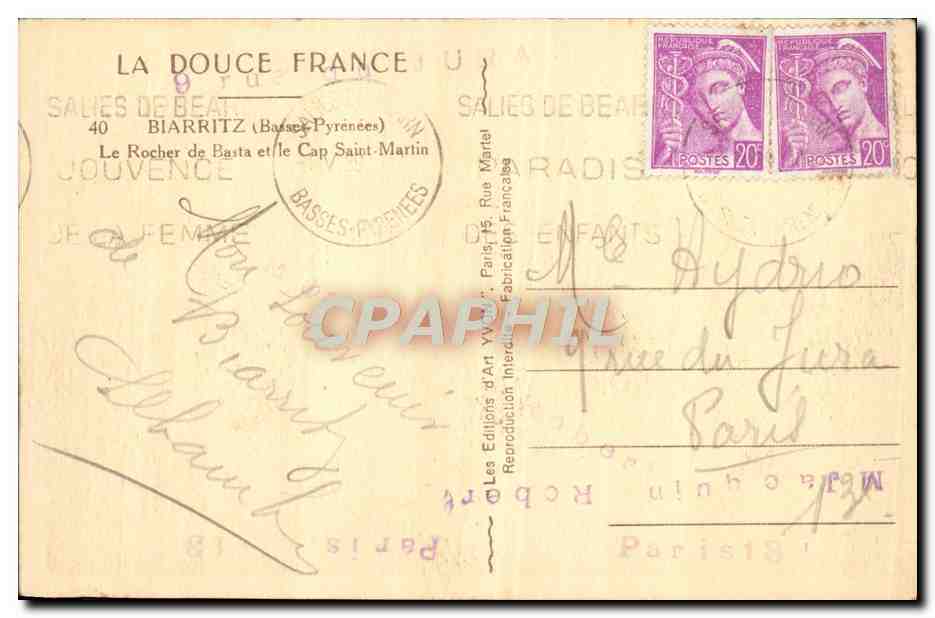 CPA Biarritz Le Rocher de Basta et le Cap Saint Martin — Verso