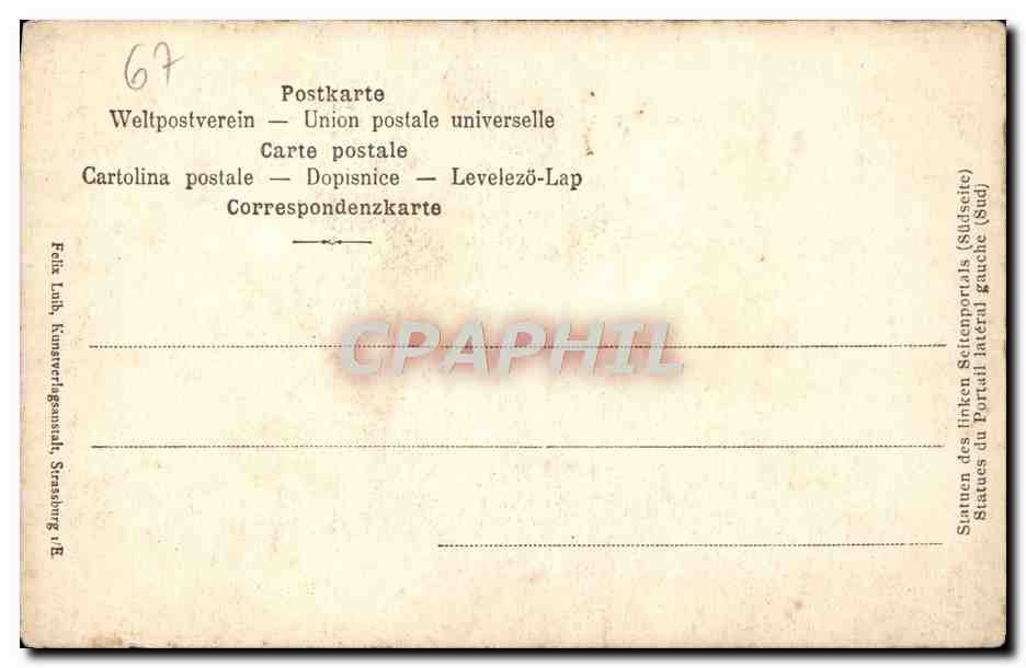 CPA Strasbourg Statues du portail lateral gauche  — Verso