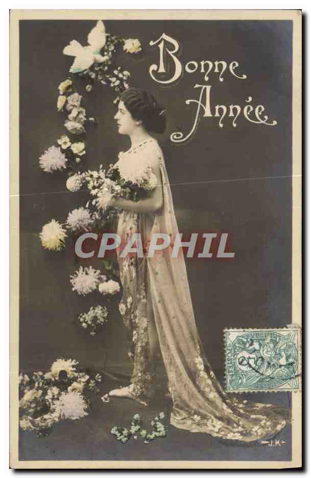 Femme en robe longue — avec colombe et couronne de fleurs — Bonne Année — éditeur J.K.