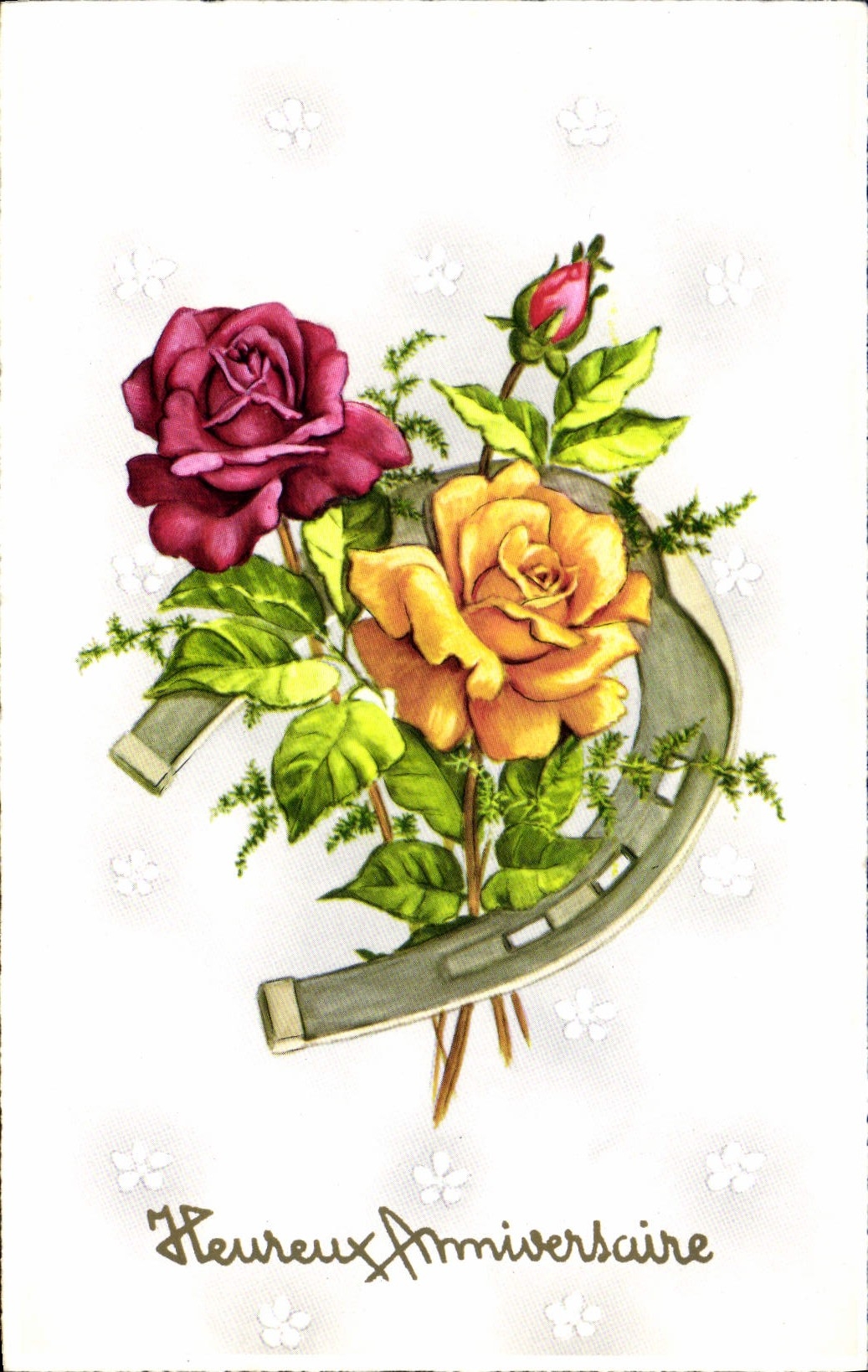 CPA Fantaisie Fleurs Fer a cheval Heureux Anniversaire 