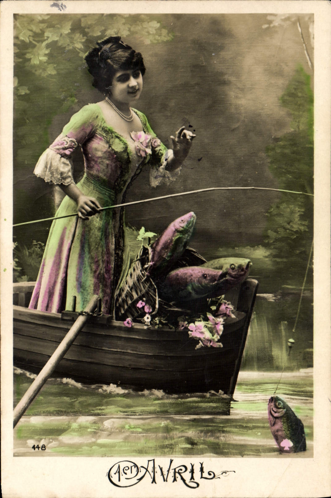 CPA Fantaisie Femme 1er Avril Poissons Peche
