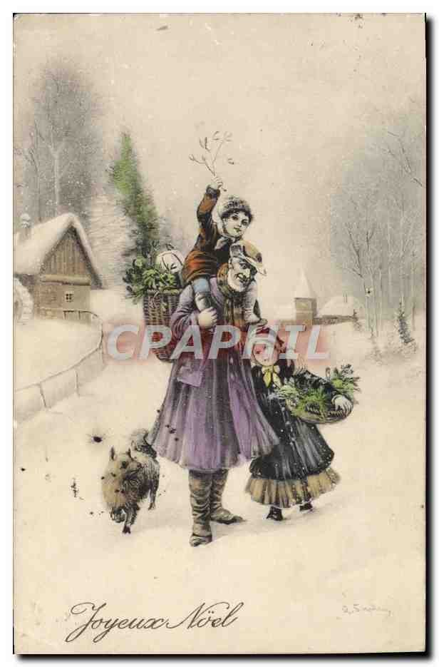 Famille enneigée portant des branches de Noël — dessin de J. S. Drey — édition anonyme