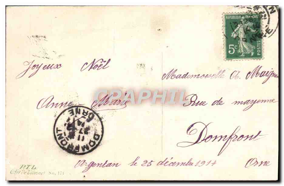 Famille enneigée portant des branches de Noël — dessin de J. S. Drey — édition anonyme — Reverso
