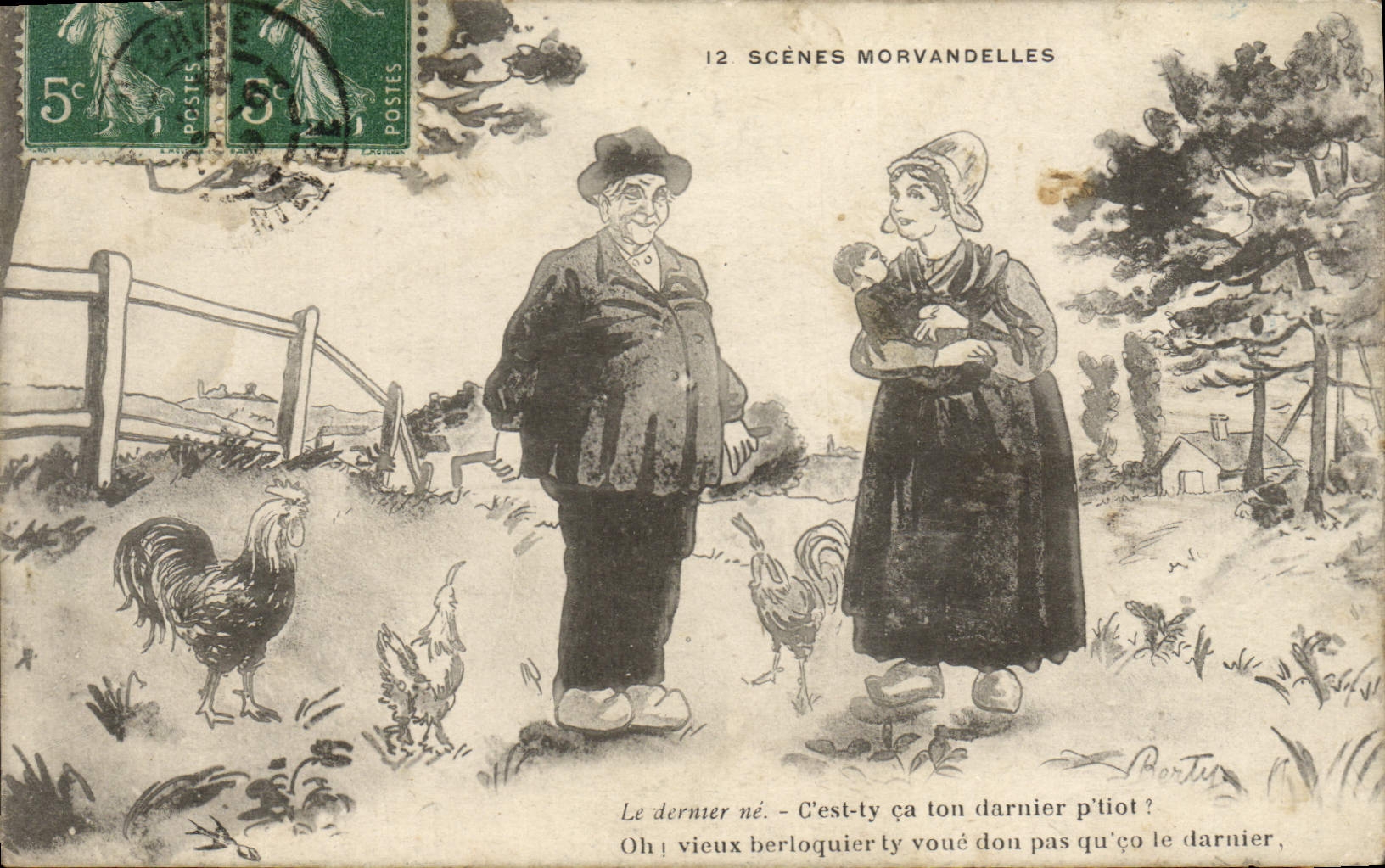 CPA Scenes Morvandelles Le dernier ne Folklore Coq Poule Folklore
