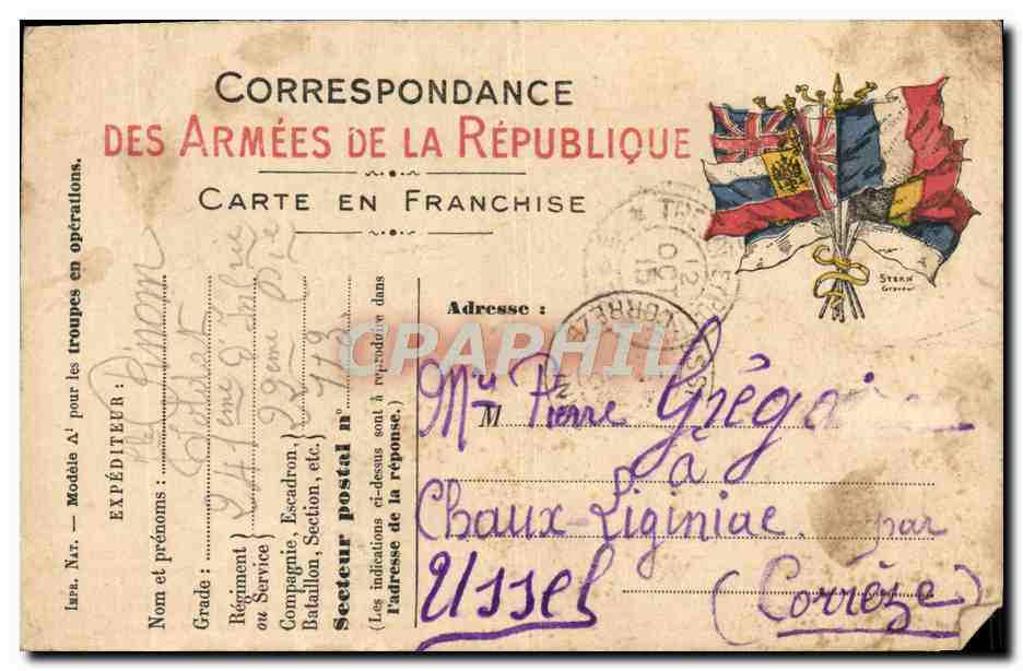Carte en Franchise Militaire Pierre Gregoire Chaux Ligniac 