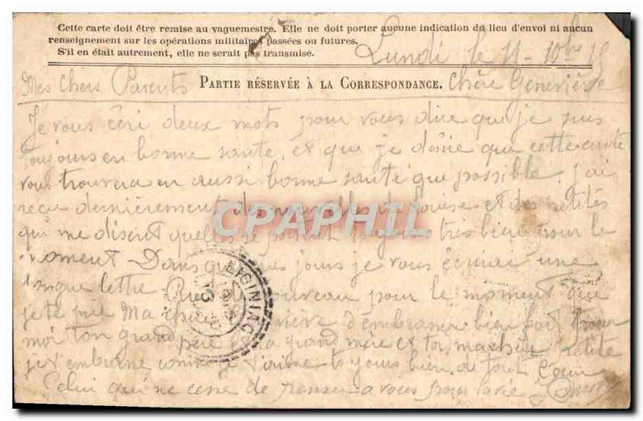 Carte en Franchise Militaire Pierre Gregoire Chaux Ligniac  — Rückseite