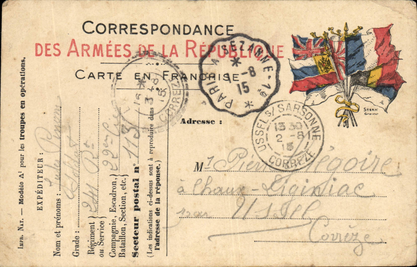 Carte en Franchise Militaire Pierre Gregoire Chaux Ligniac 