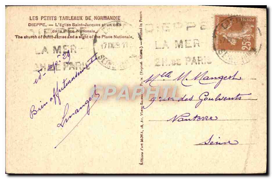 CPA Dieppe L'Eglise Saint Jacques et un coin de la Piaco Nationale Automobile — Rückseite