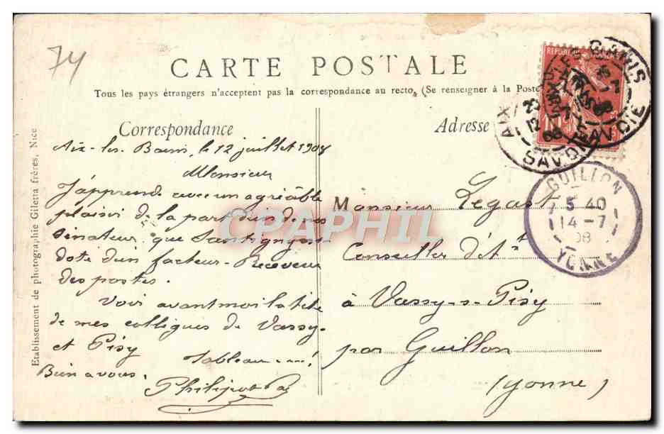 CPA Aix Les Bains Etablissement Thermal et porteurs Anes — Verso