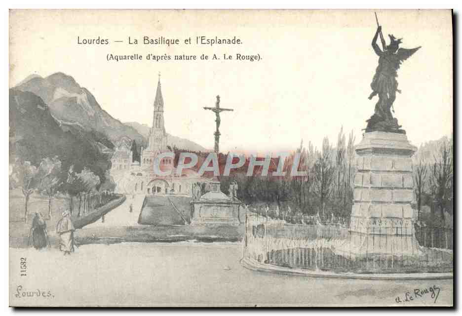 Lourdes — La Basilique et l'Esplanade — Aquarelle d'après nature de A. Le Rouge