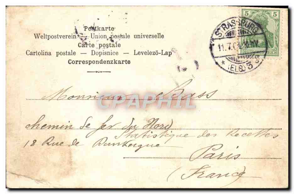 CPA Strassburg Bahnhof La Gare Tramway — Rückseite