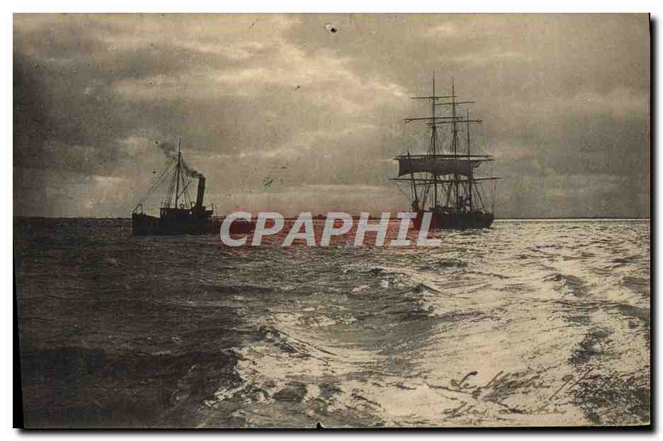 Deux navires en mer — une vedette à vapeur et un trois-mâts — éditeur Nels Bracelles, Marino Dolfi, série 17