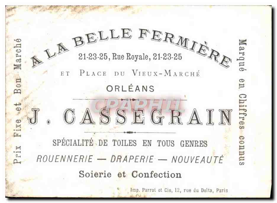 A la Belle Fermière — Orléans — Éditeur L. A. Dupel, 12, rue du Delta, Paris — Verso
