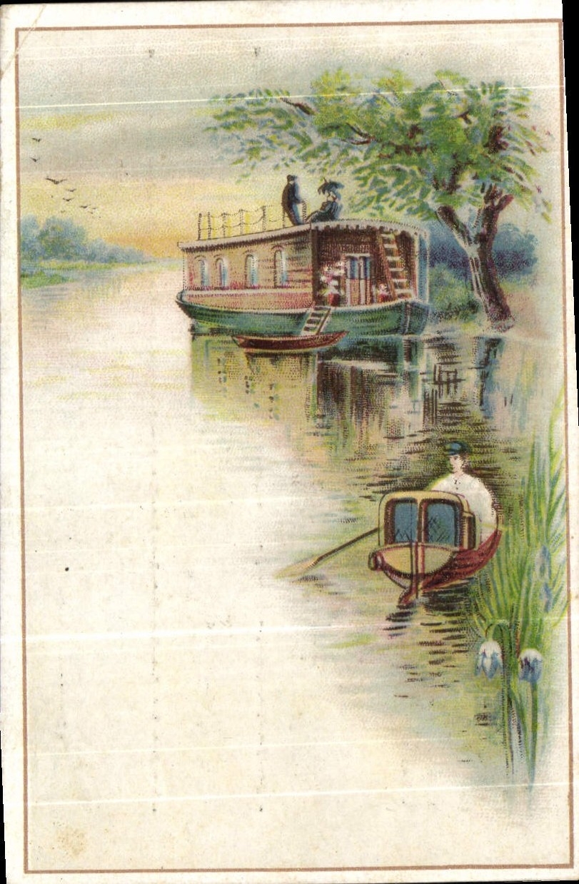 Bateau à quai — scène fluviale — publicité pour L. Bruno à Orléans