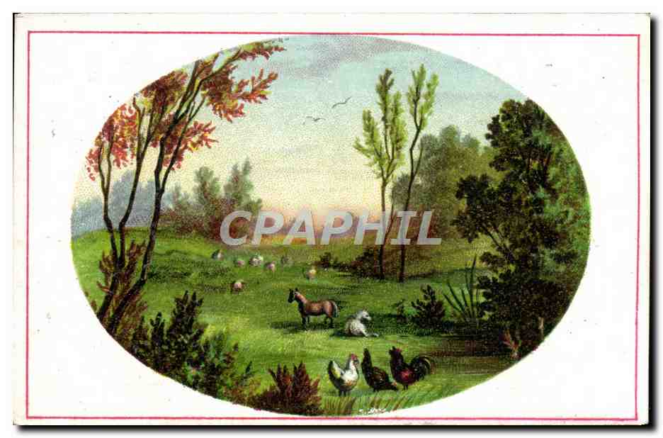 Paysage rural avec chevaux et poules — carte publicitaire pour L. Bruno — Orléans