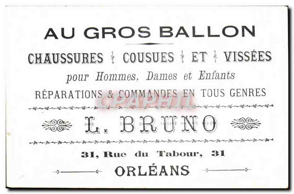 Paysage rural avec chevaux et poules — carte publicitaire pour L. Bruno — Orléans — Verso