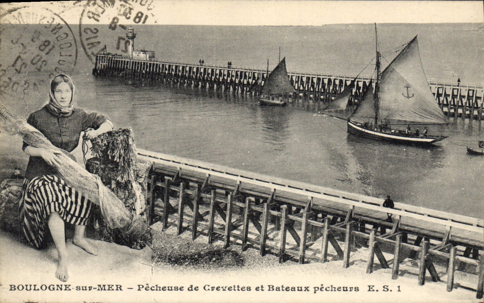 Boulogne-sur-Mer — Pêcheuse de crevettes et bateaux pêcheurs — E.S. 1