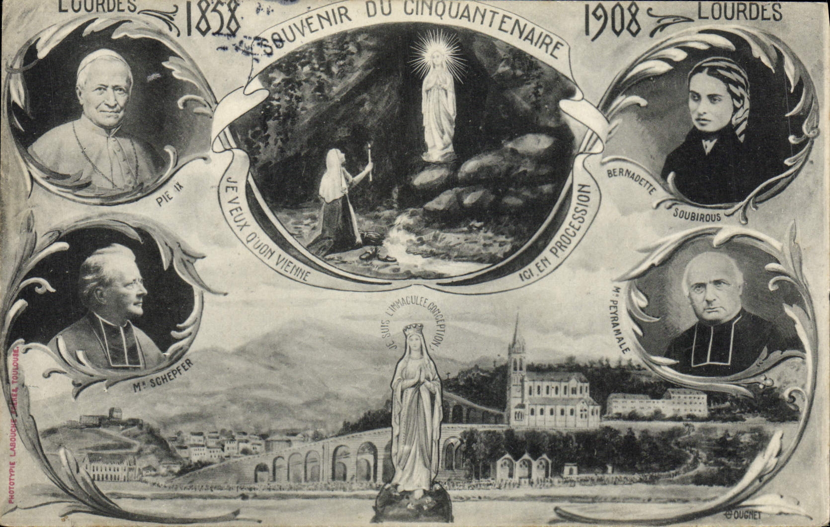 CPA Lourdes Souvenir du cinquantenaire 1858 1908 Soubirous Pie II Schepfer Peyramale