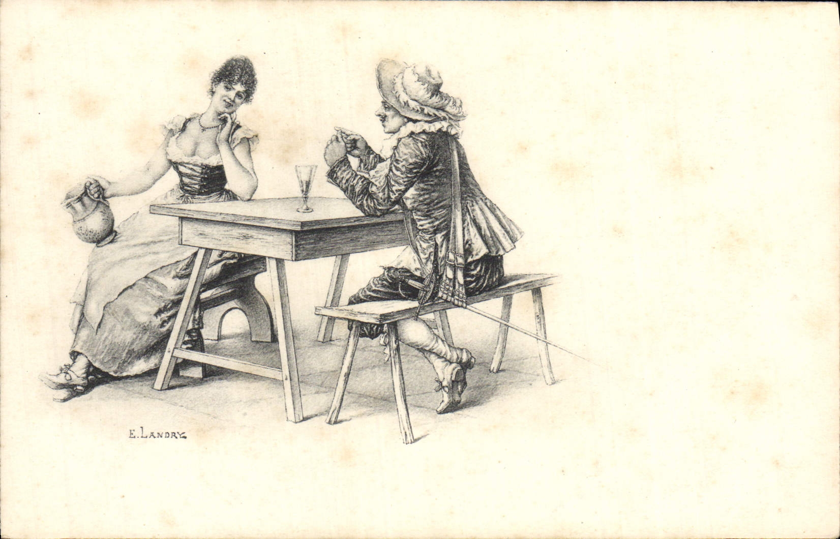 Scène de cour à la table — E. Landorz — CPAPHIL