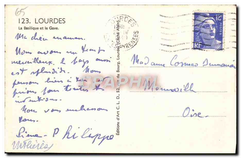 CPA Lourdes La Basilique et le Gave — Verso