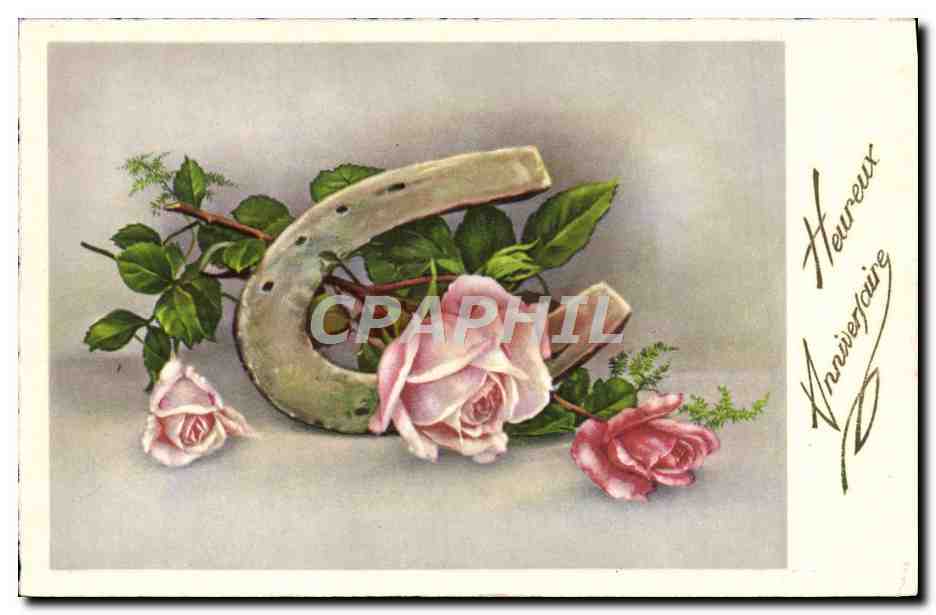 CPA Fantaisie Heureux Anniversaire Fleurs Fer a cheval