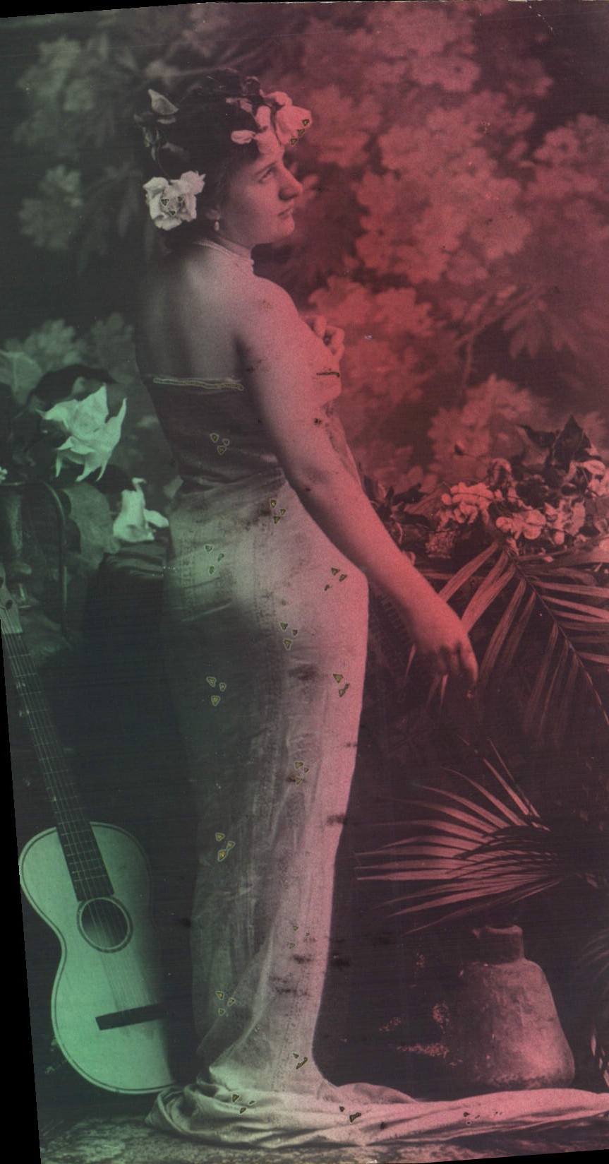 Femme en robe longue et fleurs dans un décor tropical — guitare à gauche — éditeur non visible