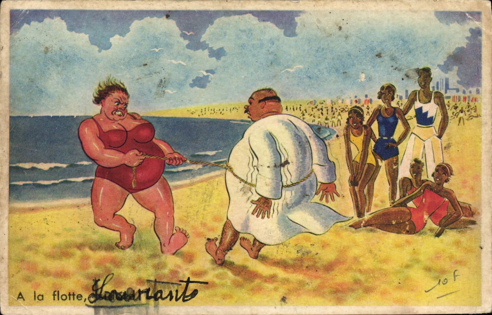 CPA Fantaisie A la flotte Femme forte Plage