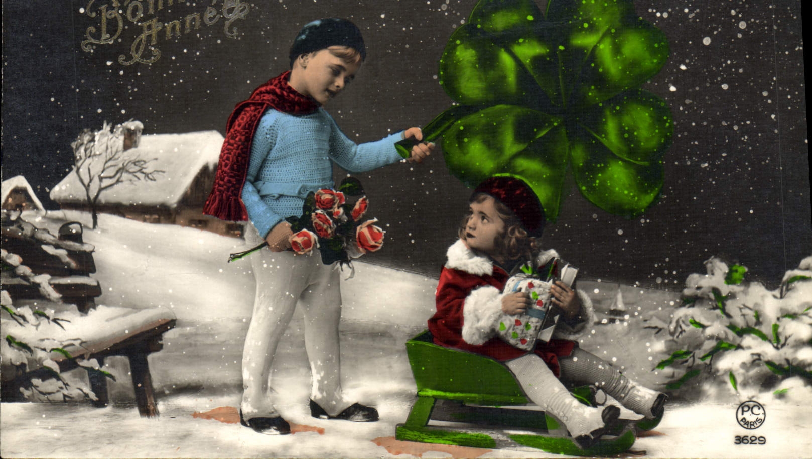 CPA Fantaisie Bonne Annee Enfants Luge Trefle