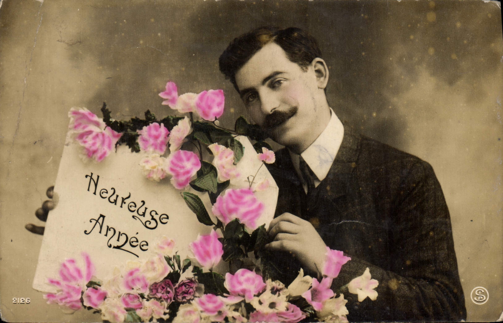 Homme avec bouquet de roses — 'Neuvelage Année' — S.P. n° 8126