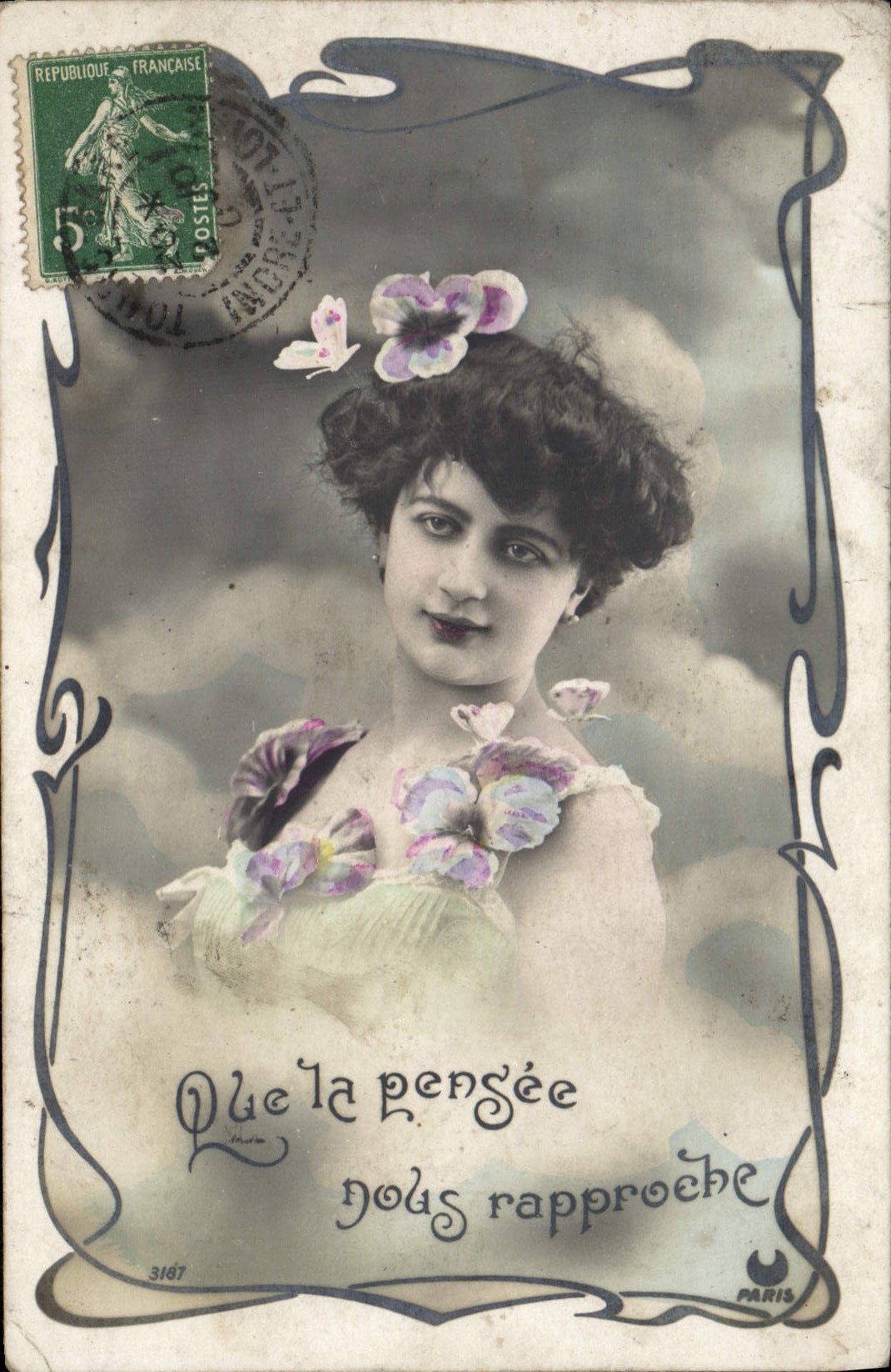 Tarjeta postal antigua Fantasía Mujer Que el pensamiento te acerque