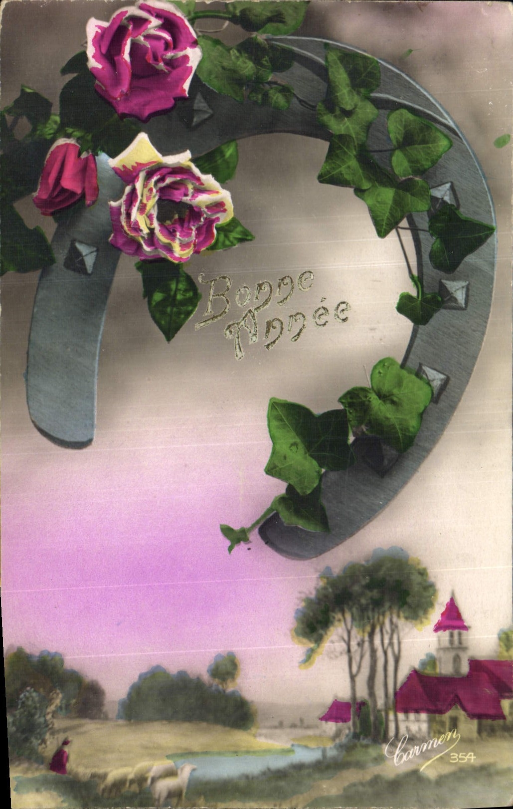 CPA Fantaisie Fleurs Fer a cheval