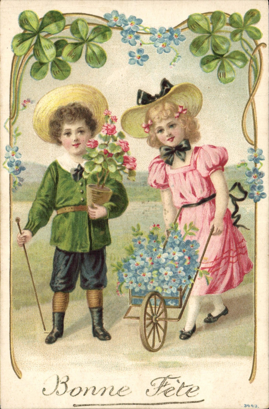 CPA Fantaisie Enfants Brouette Fleurs Trefles