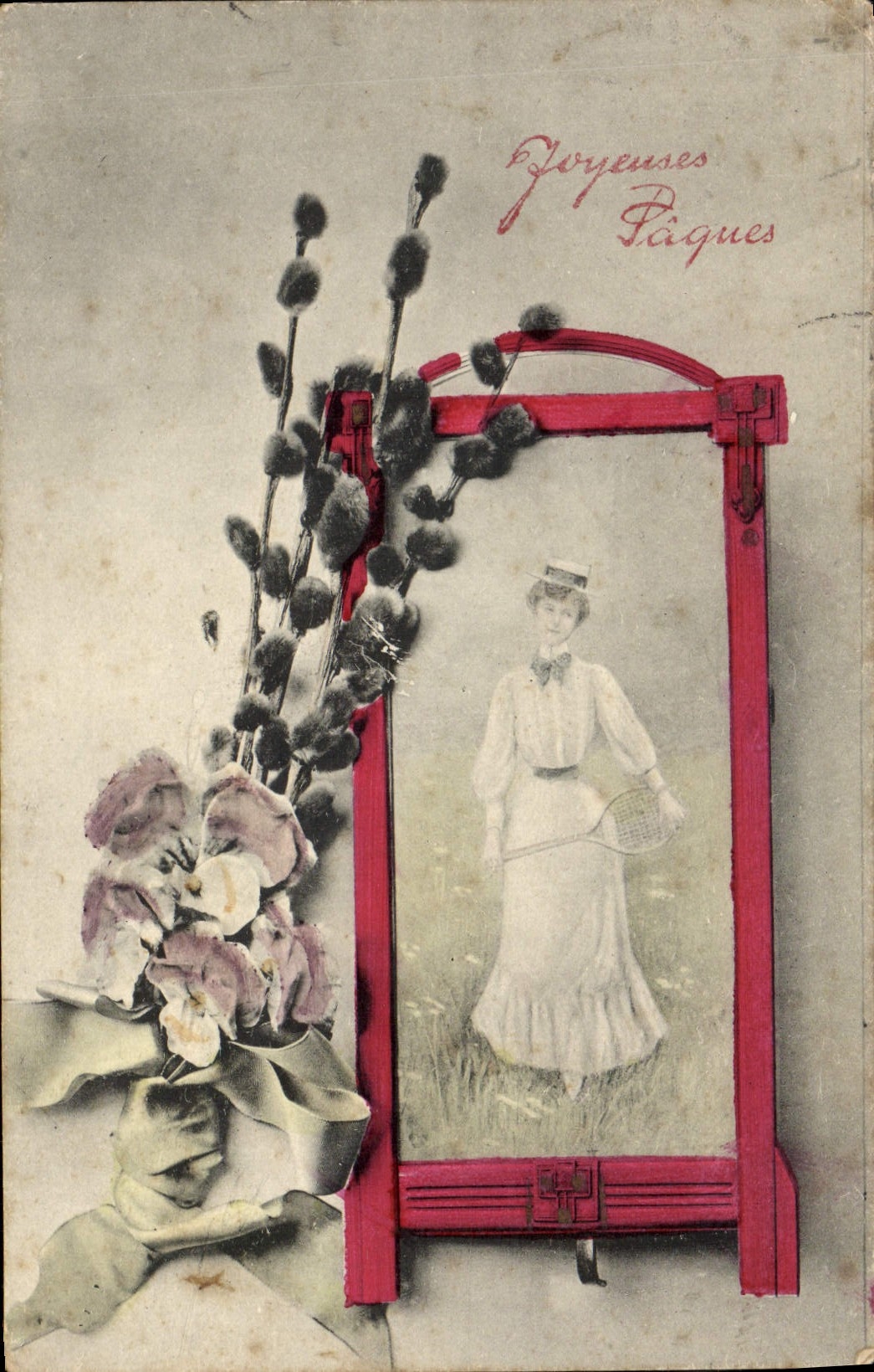 Félicitations de Pâques — femme en robe blanche tenant une raquette — cadre rouge — décor de saule et fleurs