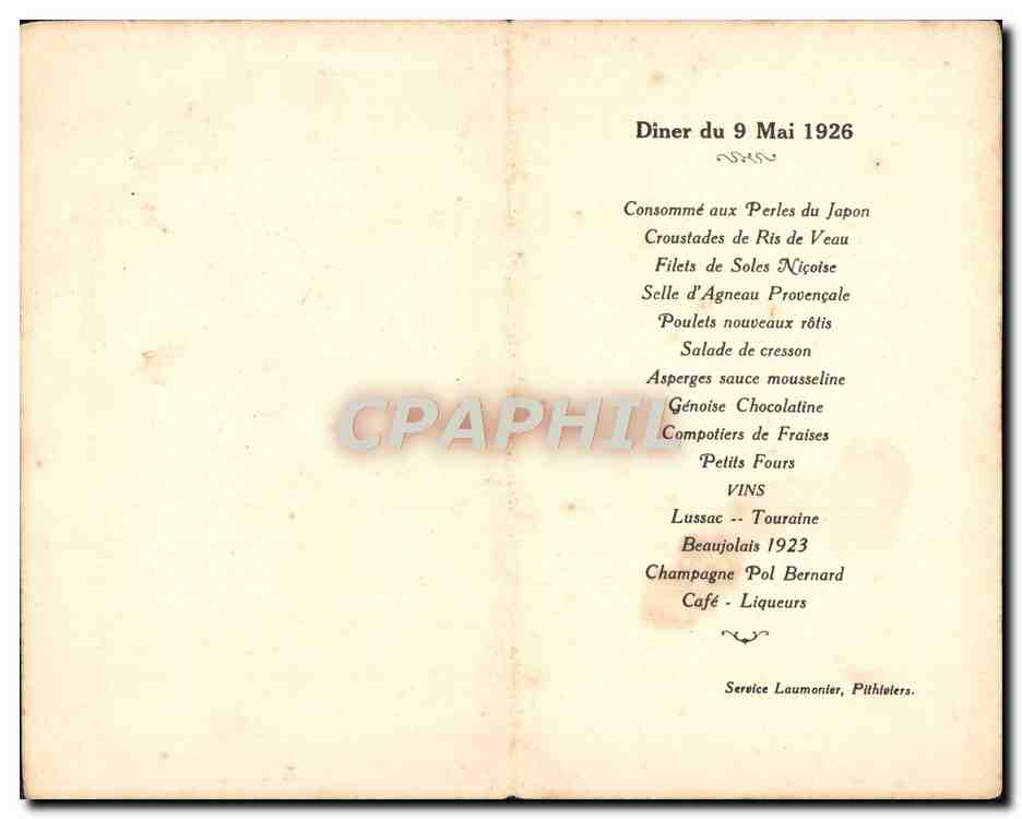 Menu Diner du 9 mai 1926 — Rückseite