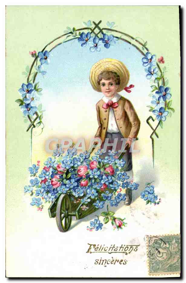 CPA Fantaisie Enfant Brouette Fleurs