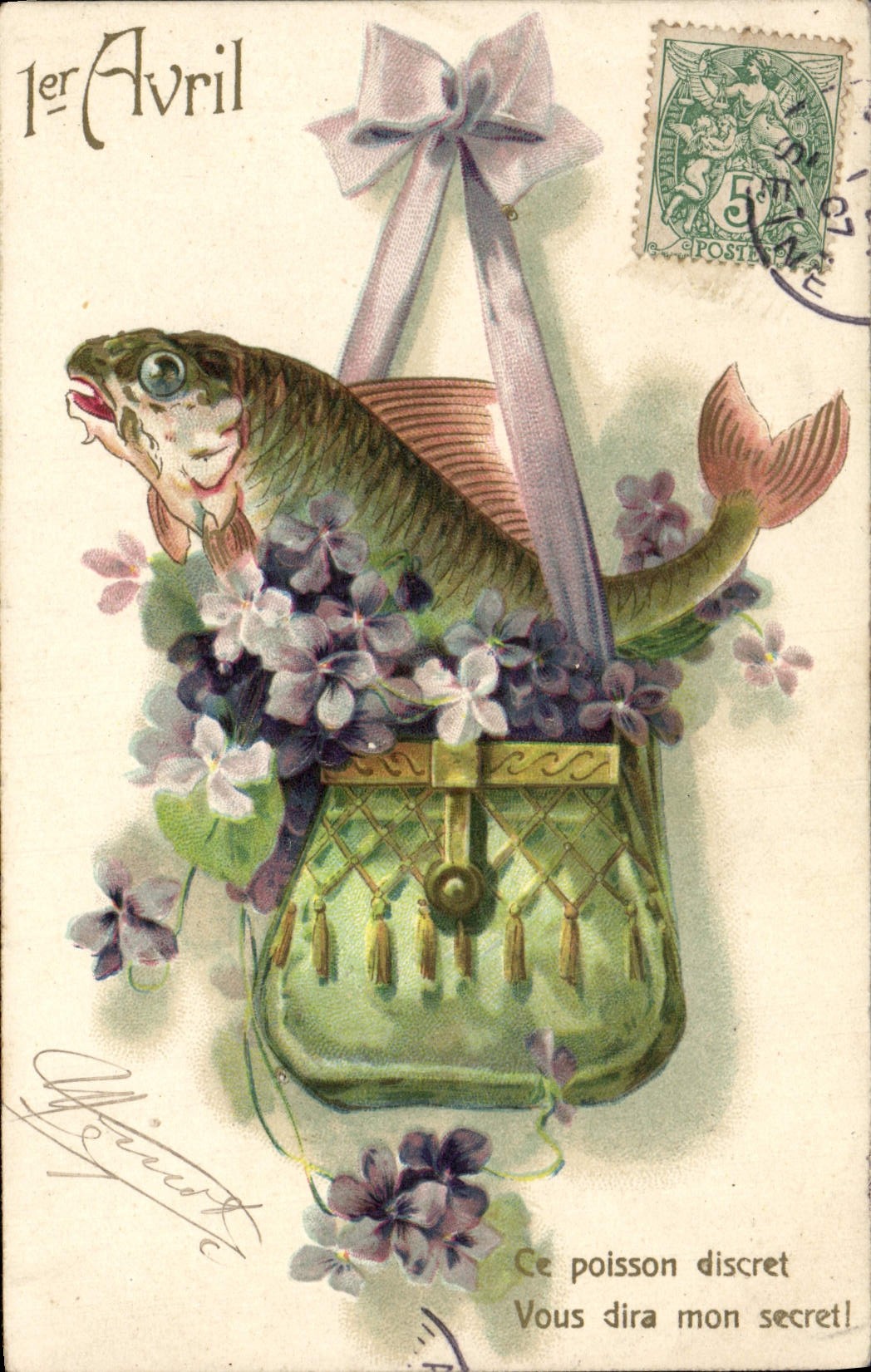 Poisson dans un sac à main — 1er Avril — éditeur Y. Giricot