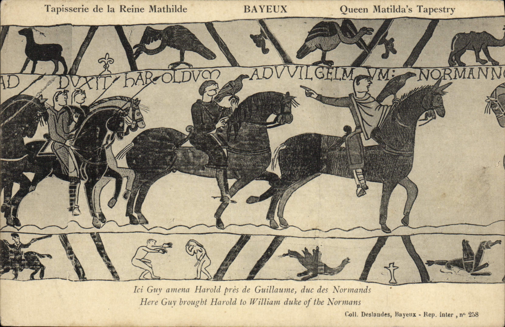 Cartolina d'epoca Bayeux Tapisserie della regina Mathilde Ici Guy amena Harold pres de Guillaume