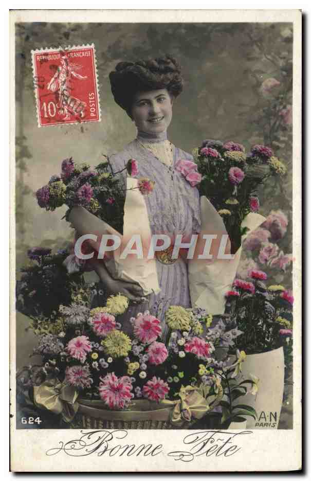 Femme avec bouquet de fleurs — Bonne Fête — AN Paris, n° 624
