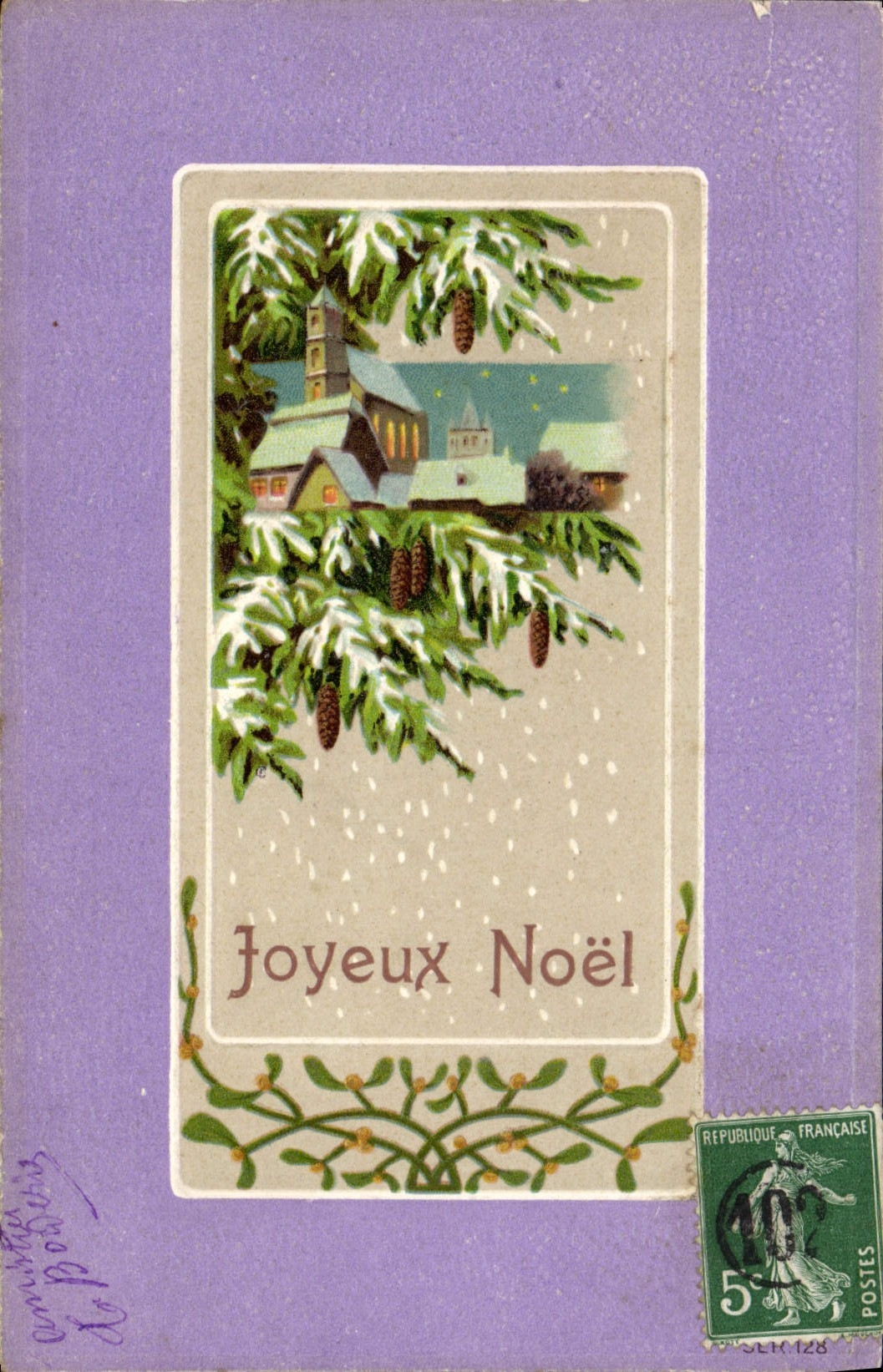 CPA Fantaisie Joyeux Noel Cachet n°102 sur 10c Semeuse