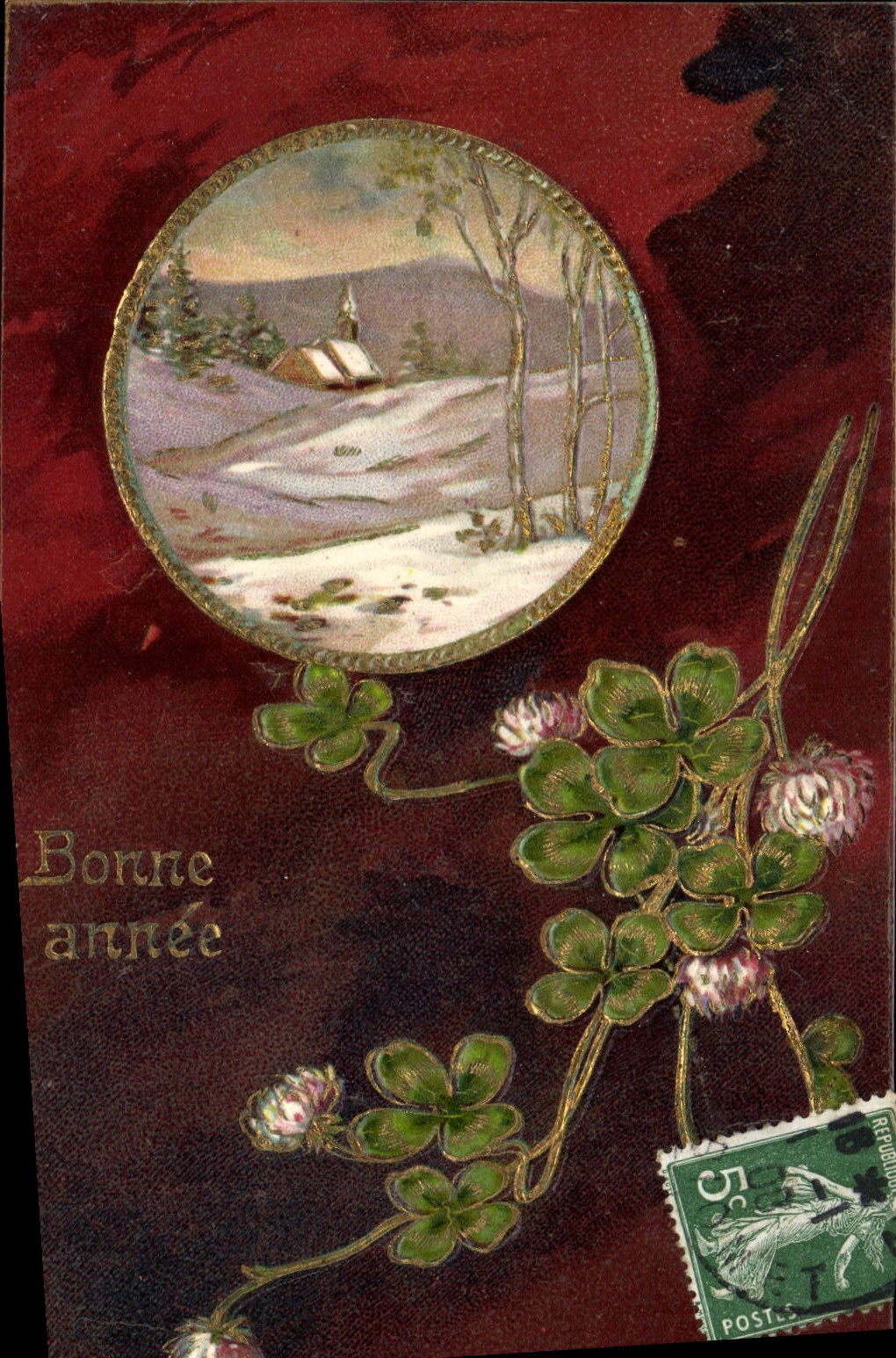 Champagne — paysage hivernal avec église — carte postale de Noël