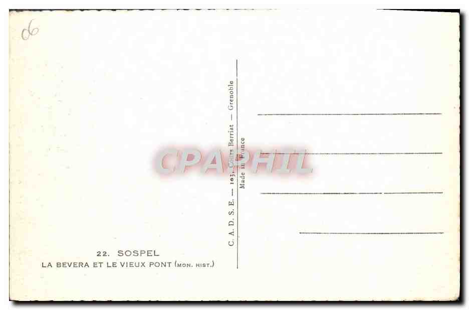 CPA Sospel La Bevera et le Vieux Pont  — Rückseite