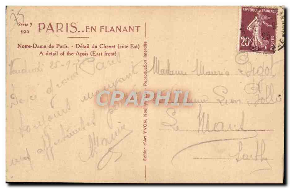 Notre-Dame de Paris — Détail du Chevet (côté Est) — Édition d'Art YVON, Série 7 n°124 — Rückseite
