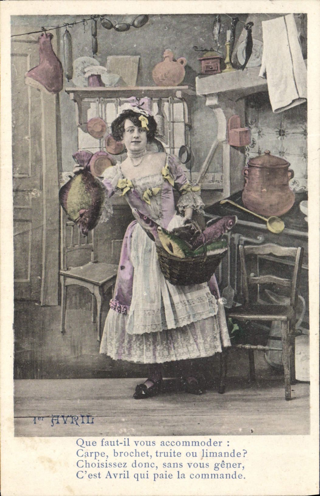 Femme dans une cuisine — poème sur la pêche d'Avril — éditeur non visible