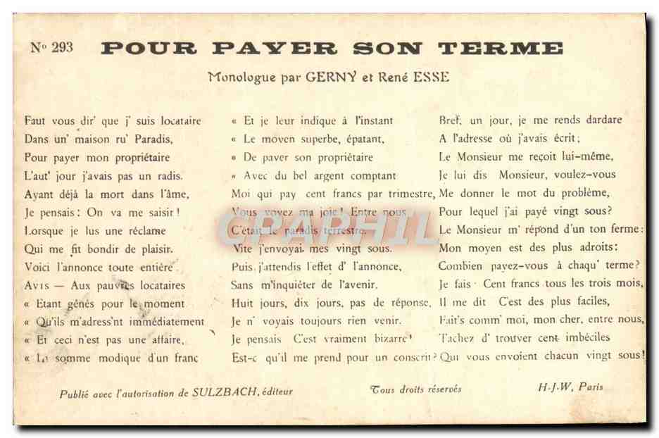 CPA Pour Payer Son Terme Monologue Par Gerny et Rene Esse