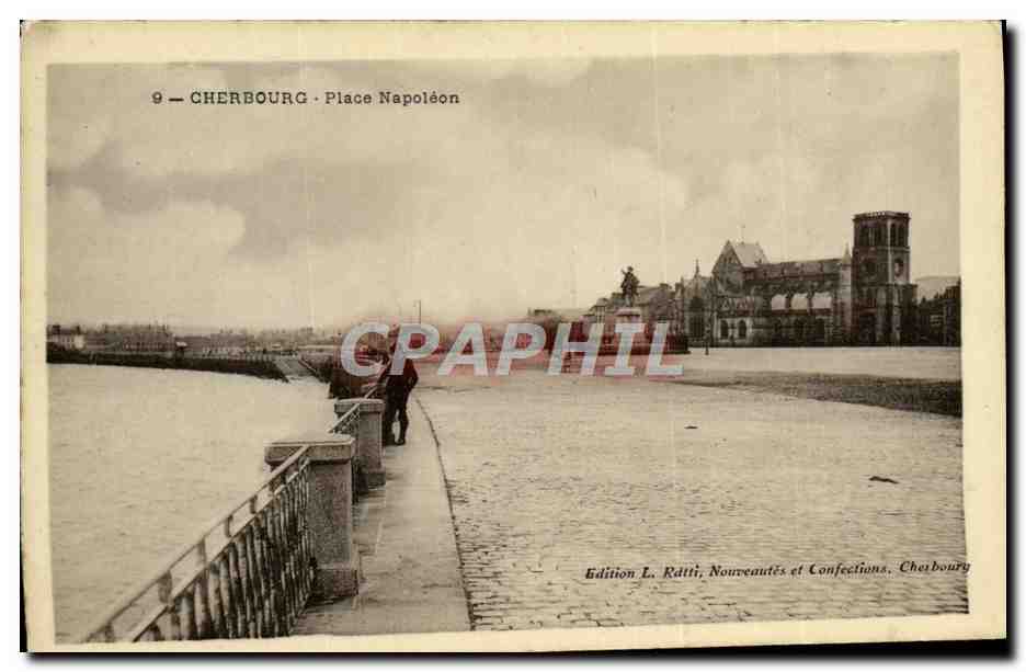 Cherbourg - Place Napoléon — vue de la promenade et du monument — Édition L. Editti, Nouveautés et Confections, Cherbourg