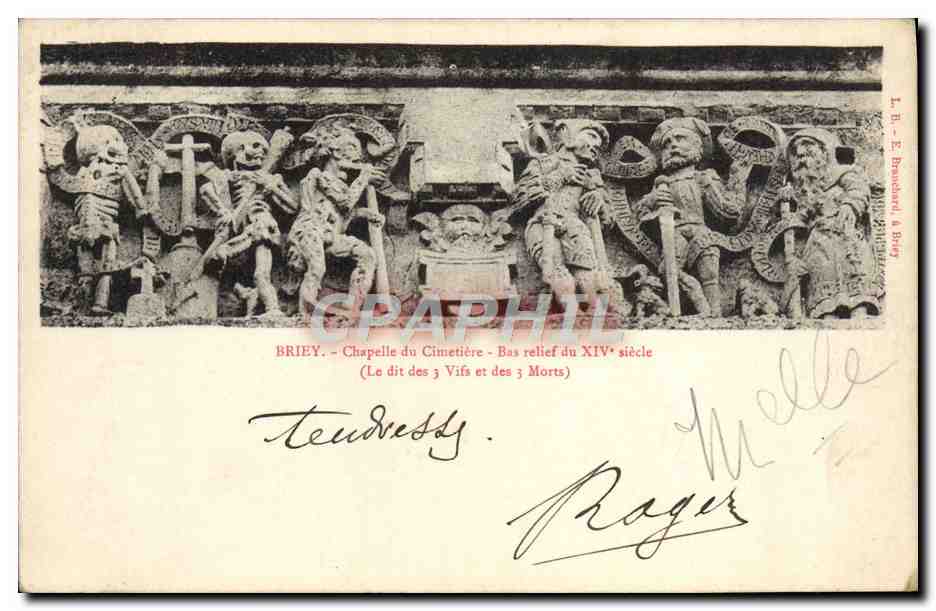 Briey - Chapelle du Cimetière - Bas-relief du XIVe siècle (Le dit des 3 Vifs et des 3 Morts) — L. B. - D. Bruneau & Briey